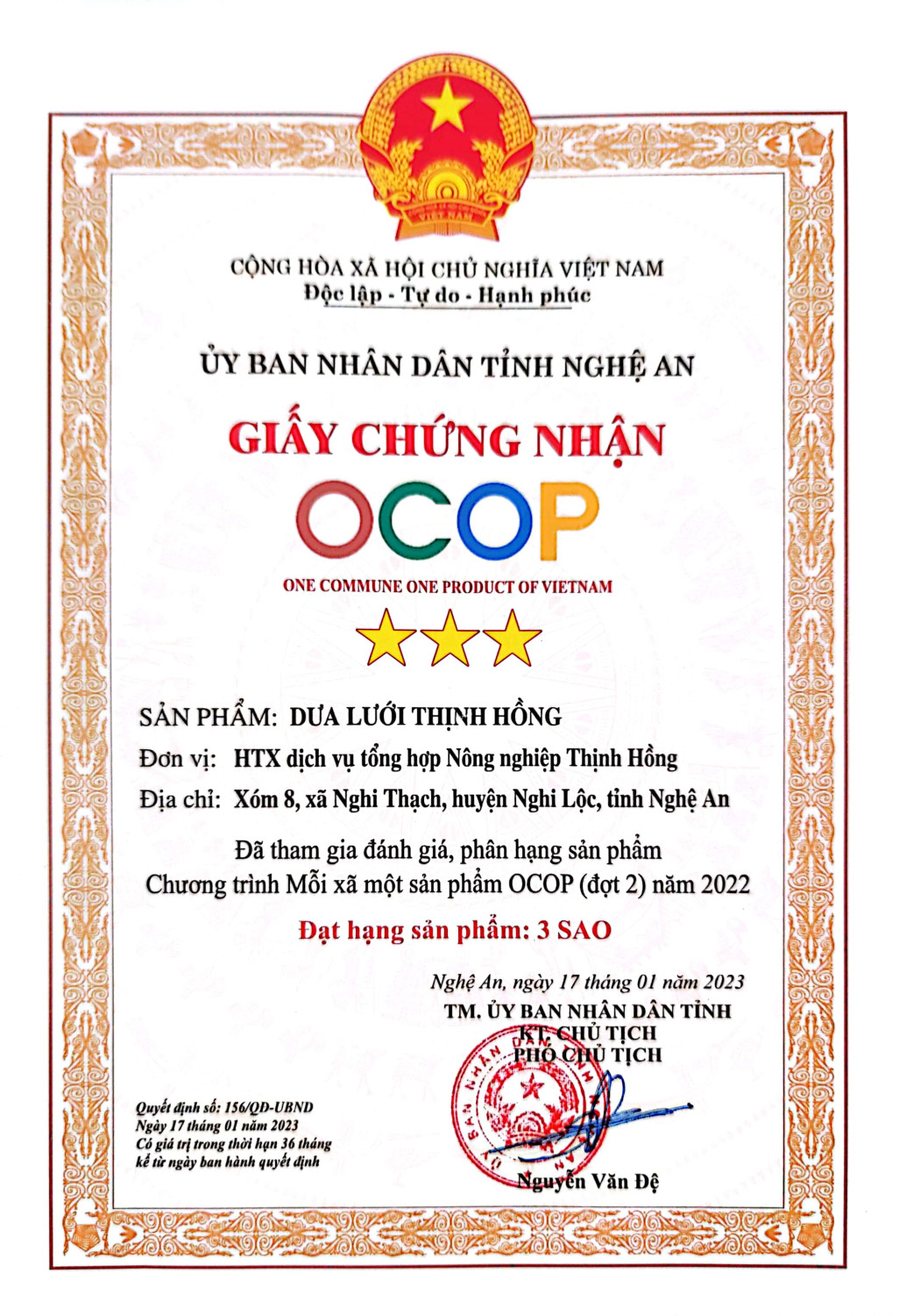 Giấy chứng nhận sản phẩm OCOP 3 sao của J88 C
